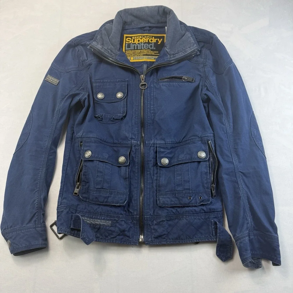 Superdry Limited Moto Field Jacket Mens M Blue Military Utility Full Zip Cotton